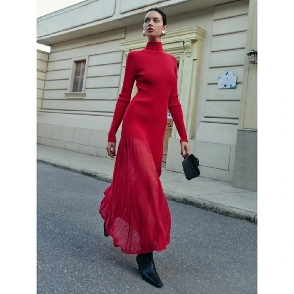 Commense Red‎ Knit Maxi Dress Turtleneck Long Sleeve Evening Cocktail Dress